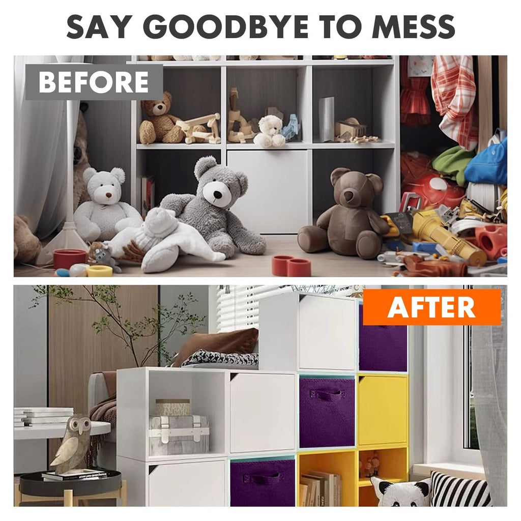 Purple and other color fabric cube bins with handles, organized in a shelving unit