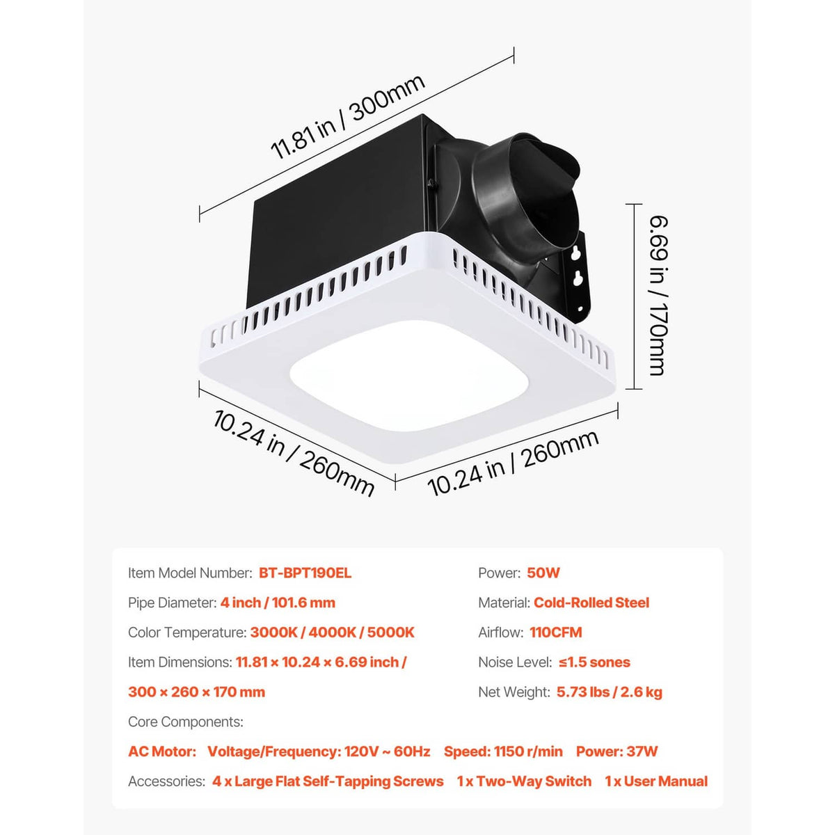 Ceiling ventilation fan with white LED panel and black duct outlet, square design.
