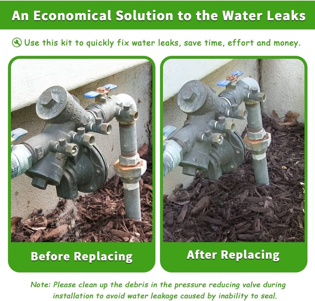 Backflow preventer repaired to stop water leaks, with kit shown on the valve system
