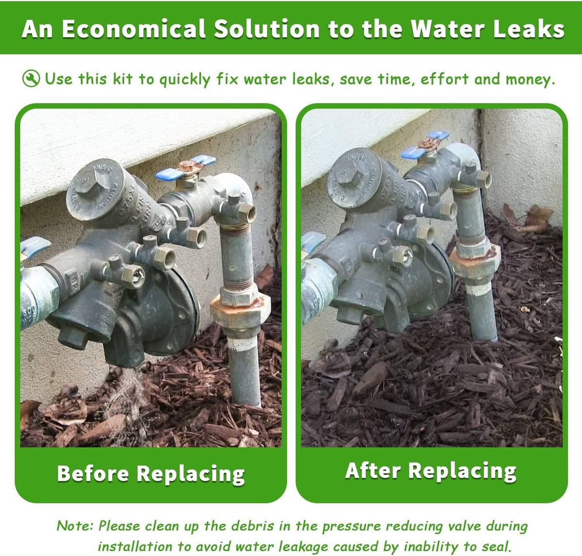 Backflow preventer repaired to stop water leaks, with kit shown on the valve system