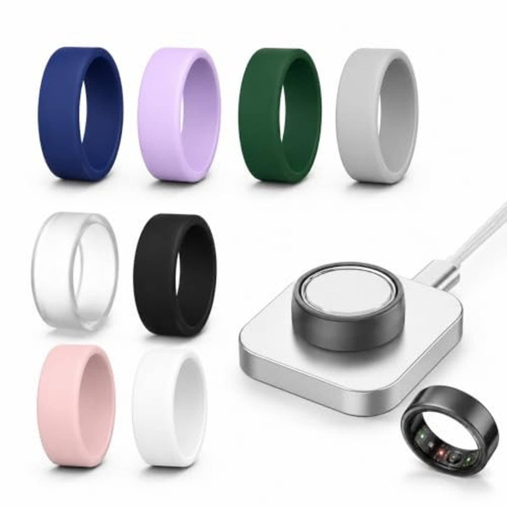Silicone ring covers set with blue, lavender, green, white, black, and pink bands
