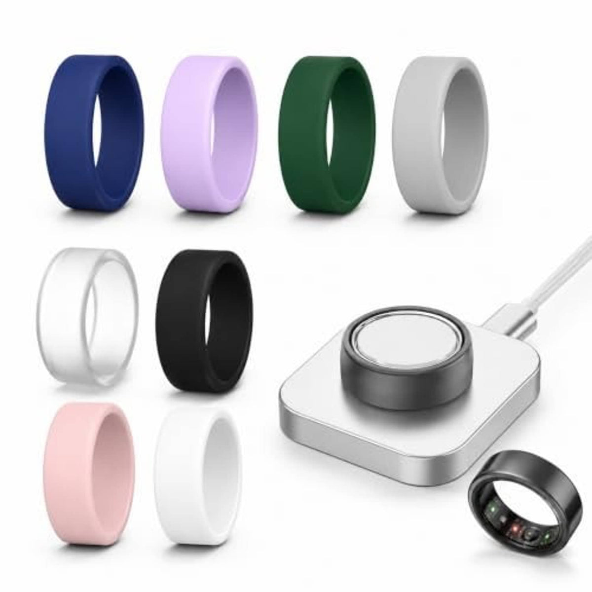 Silicone ring covers set with blue, lavender, green, white, black, and pink bands