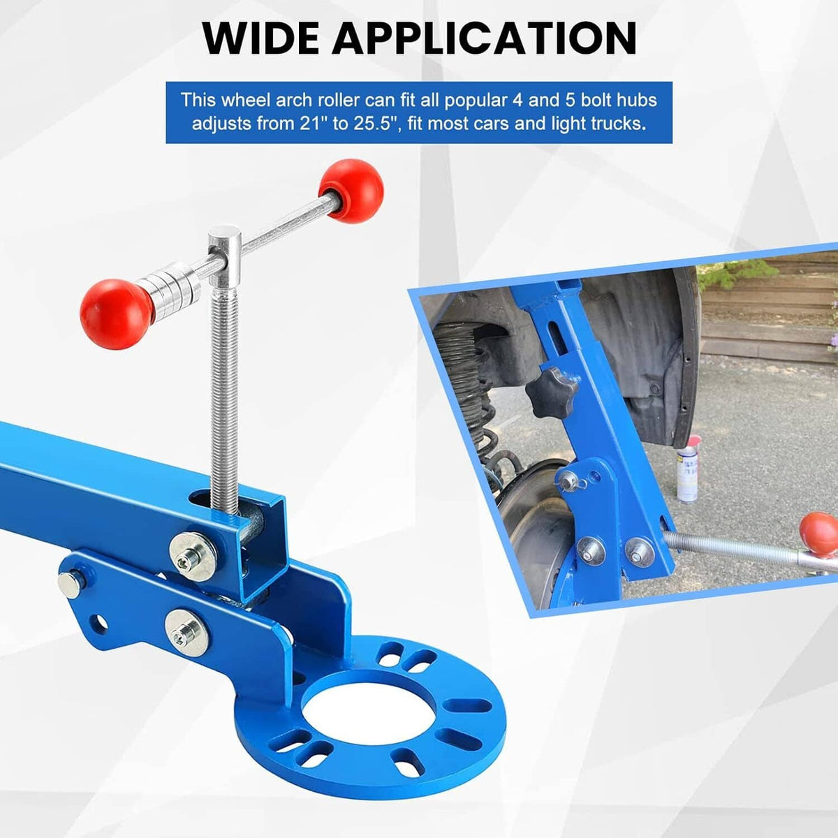 Blue wheel arch roller with red handles for fitting wheel hub and arch
