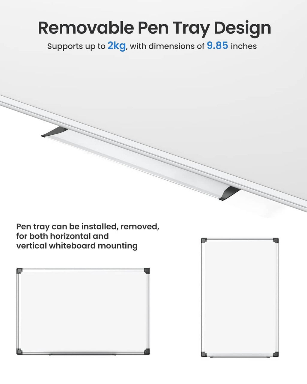Framed magnetic whiteboard with removable pen tray along the bottom