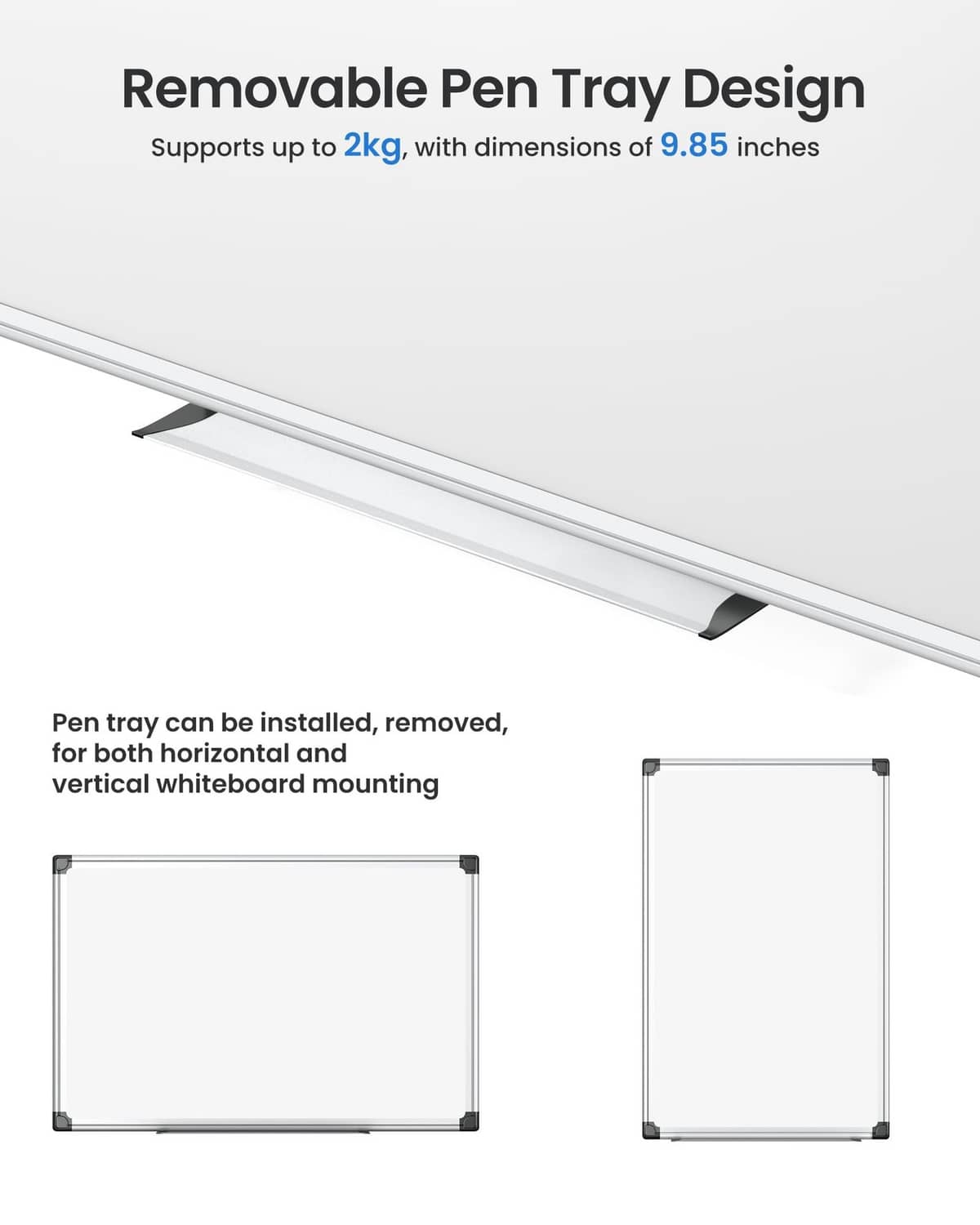 Framed magnetic whiteboard with removable pen tray along the bottom