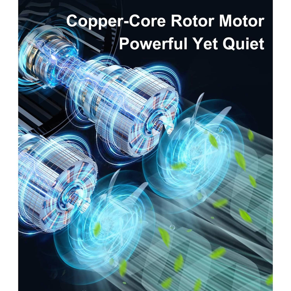 Dual-head car dashboard fan with copper-core rotor motor detail and airflow effect