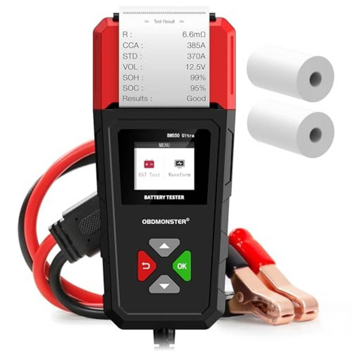Car battery tester with LCD screen, red clamp leads, and two white probe outputs