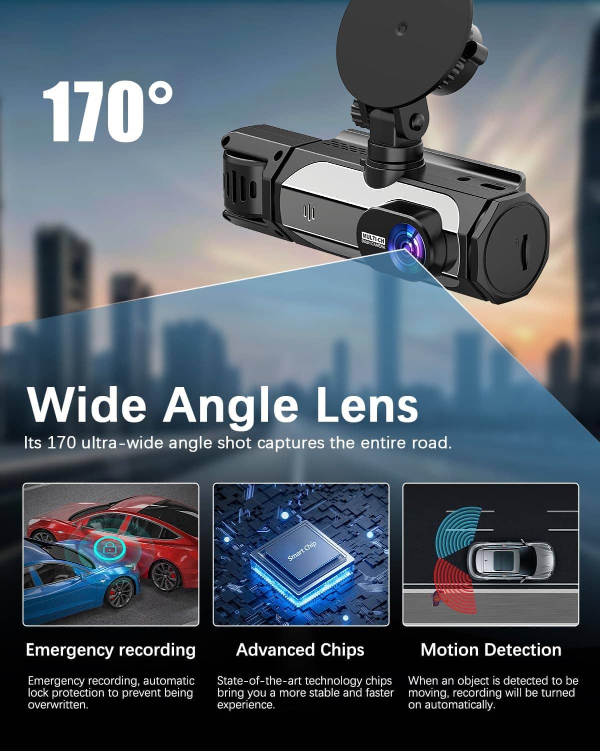 Dash cam wide-angle front camera with 170° lens and adjustable mounting bracket