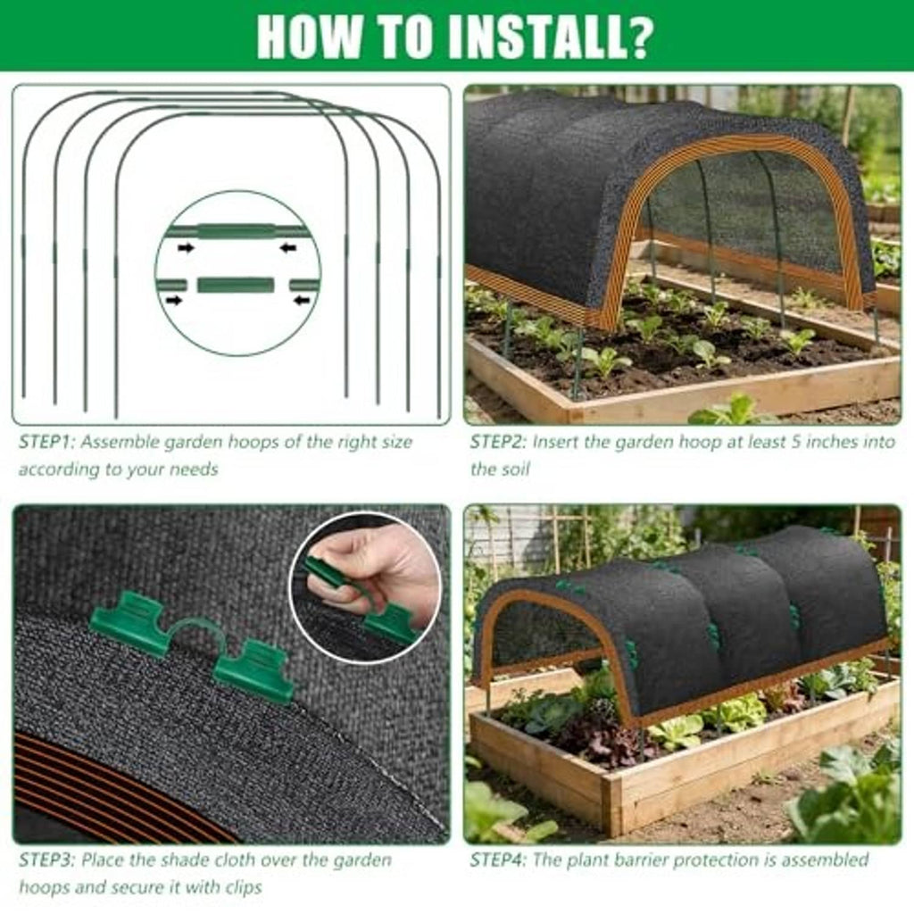 Garden shade cloth kit with hoops and green clips, assembled over raised garden bed