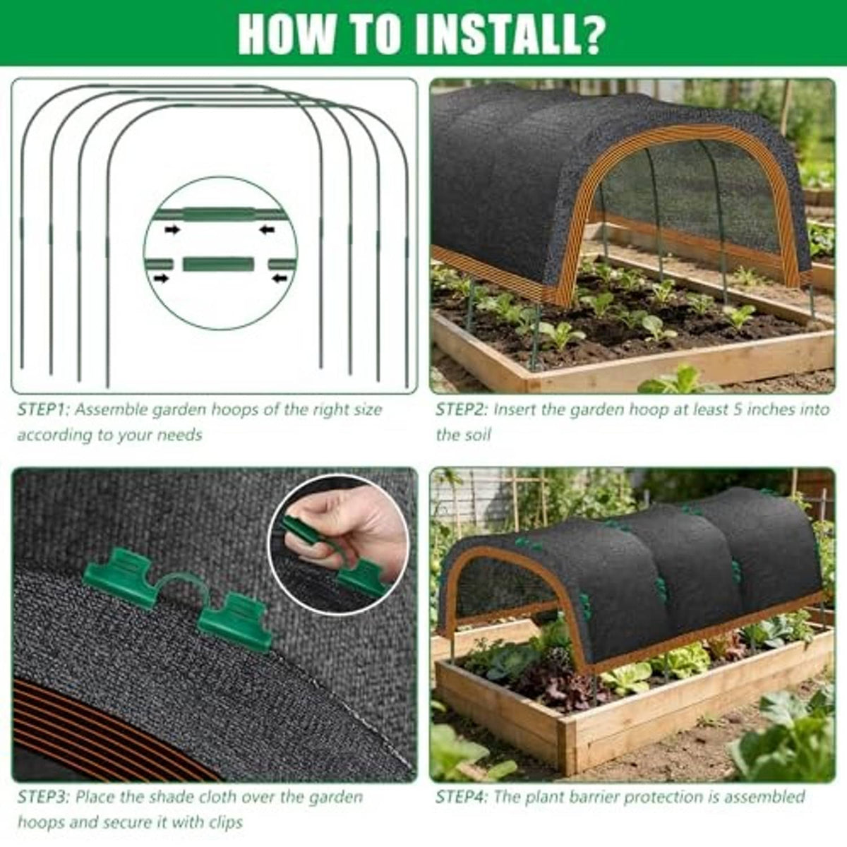 Garden shade cloth kit with hoops and green clips, assembled over raised garden bed