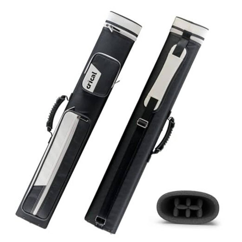 Black pool cue case with white trim, two end compartments and side carrying zipper