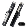 Black pool cue case with white trim, two end compartments and side carrying zipper