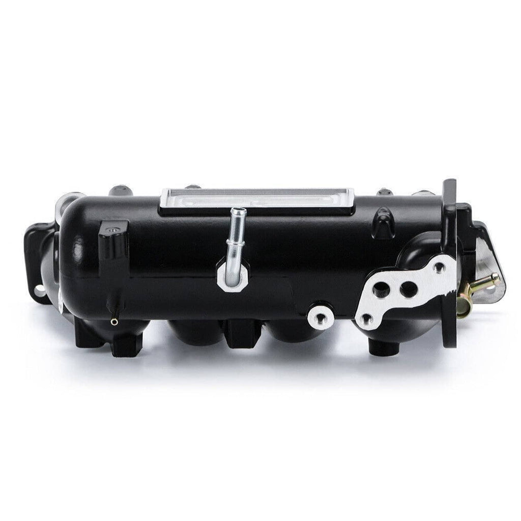 Black D-series intake manifold side view with silver heat shield plate