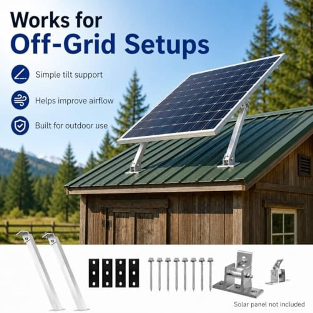 Solar panel tilt mount for off-grid cabin with two silver adjustable legs and clamp bases