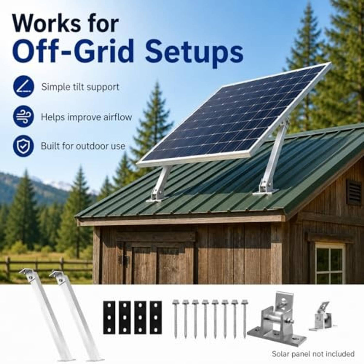 Solar panel tilt mount for off-grid cabin with two silver adjustable legs and clamp bases