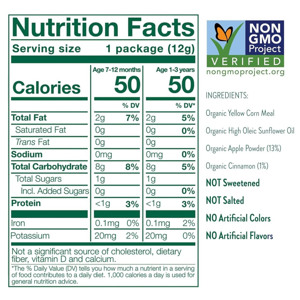 Little Bellies nutrition facts label for organic puff snack, serving size 1 package (12g)