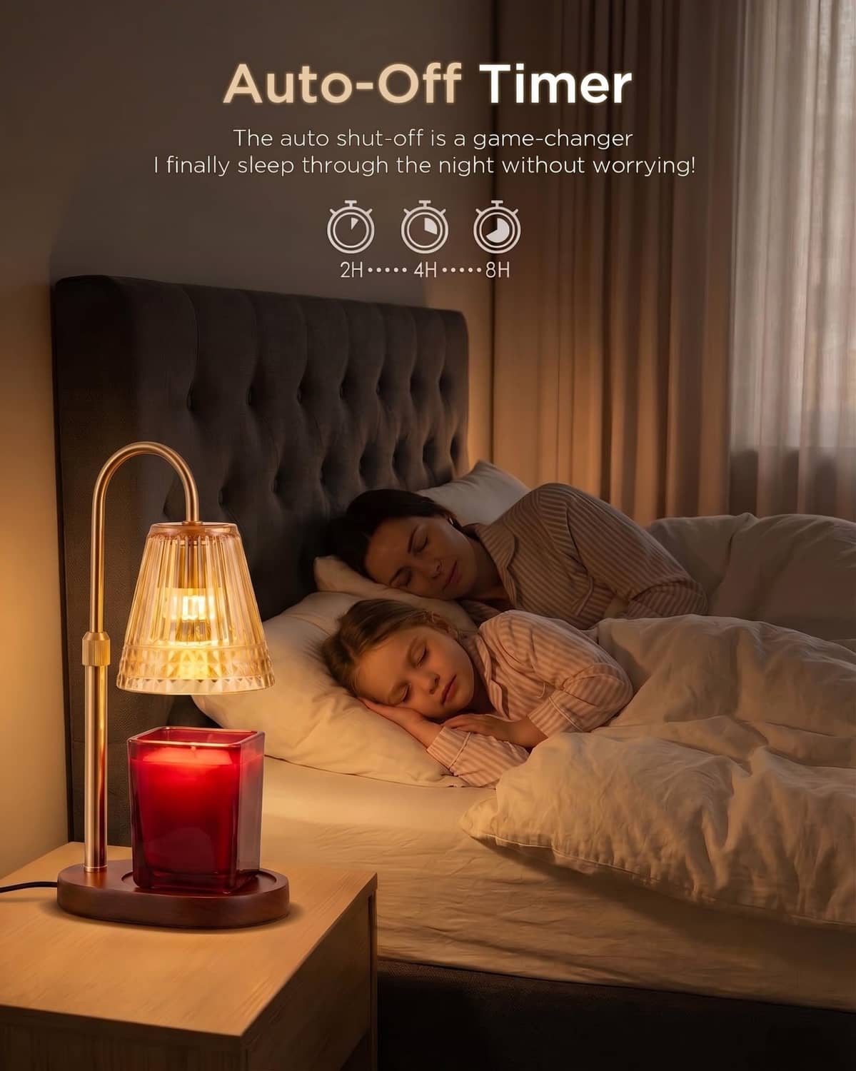 Candle warmer lamp with amber glass shade warming a red candle jar on a nightstand