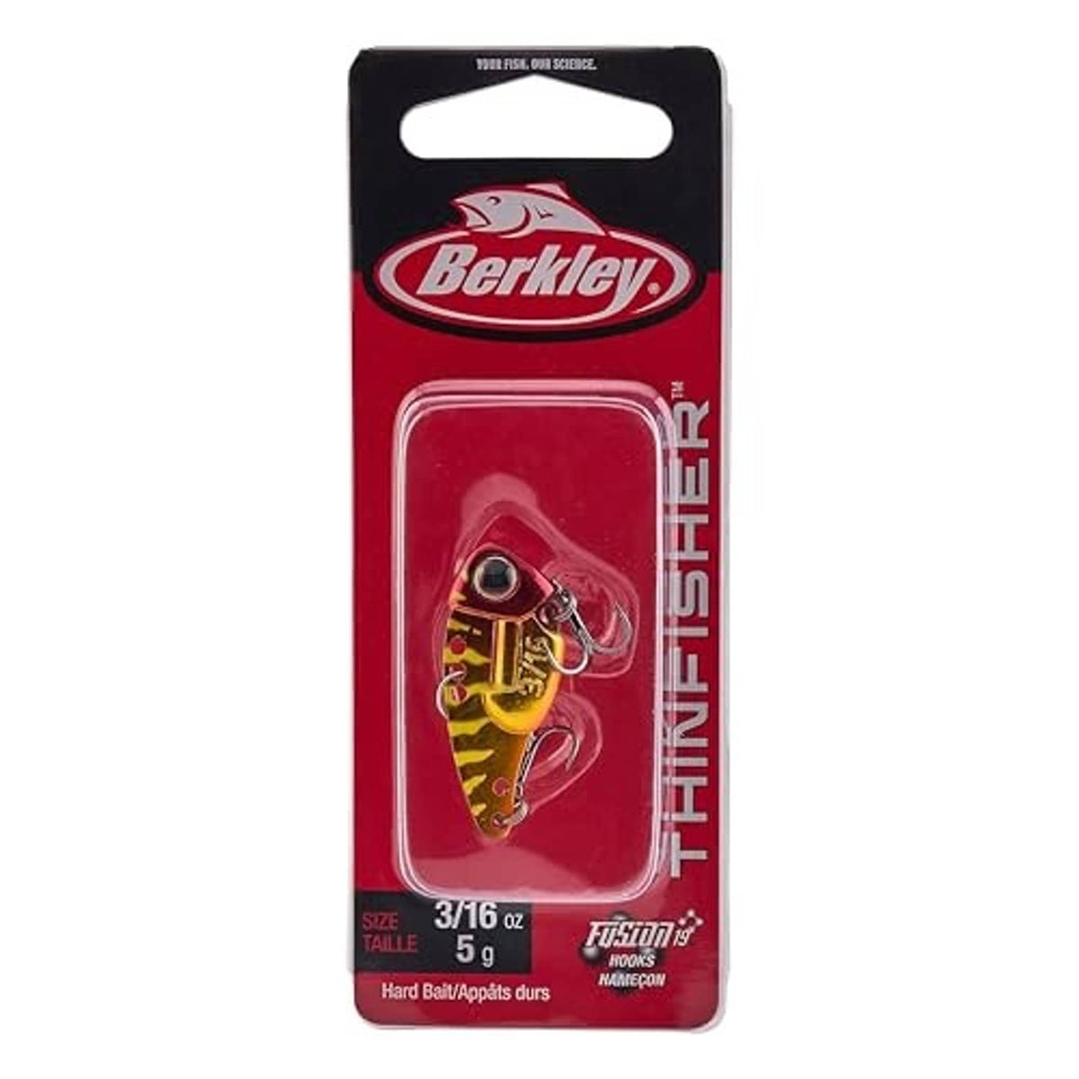 Berkley Thinfisher blade bait lure package, 3/16 oz, clown color in blister pack