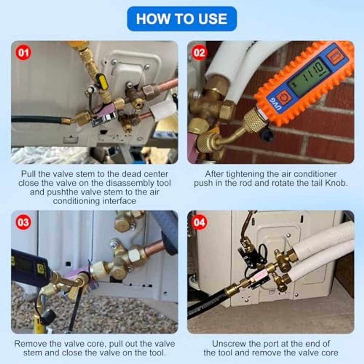 Valve core removal tool shown in use on AC unit, brass fittings with pink body