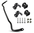 Front sway bar stabilizer link with bushings and mounting bolts, black steel