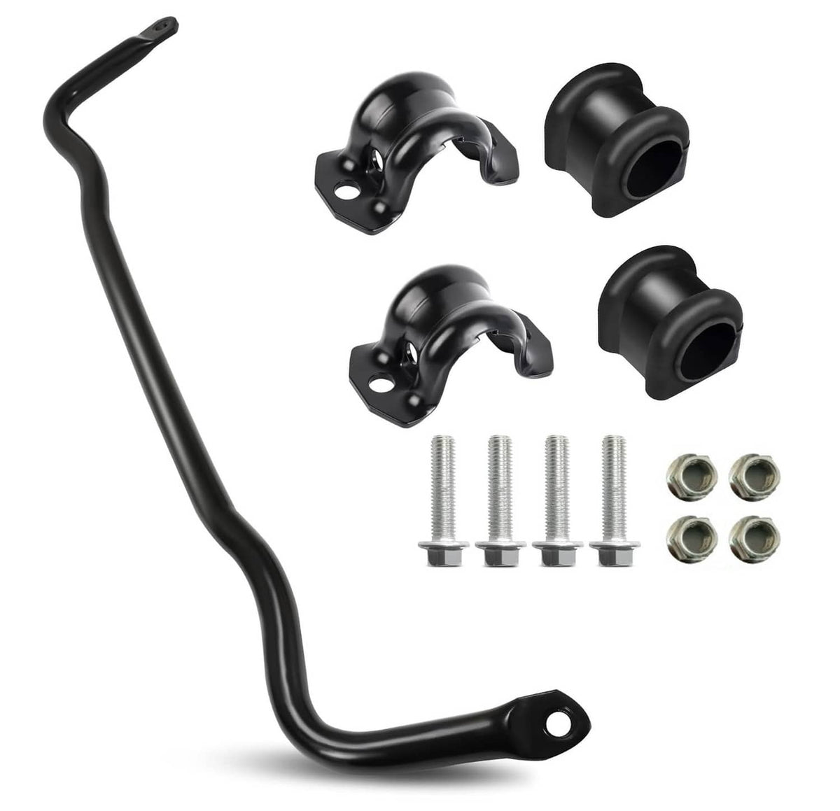 Front sway bar stabilizer link with bushings and mounting bolts, black steel