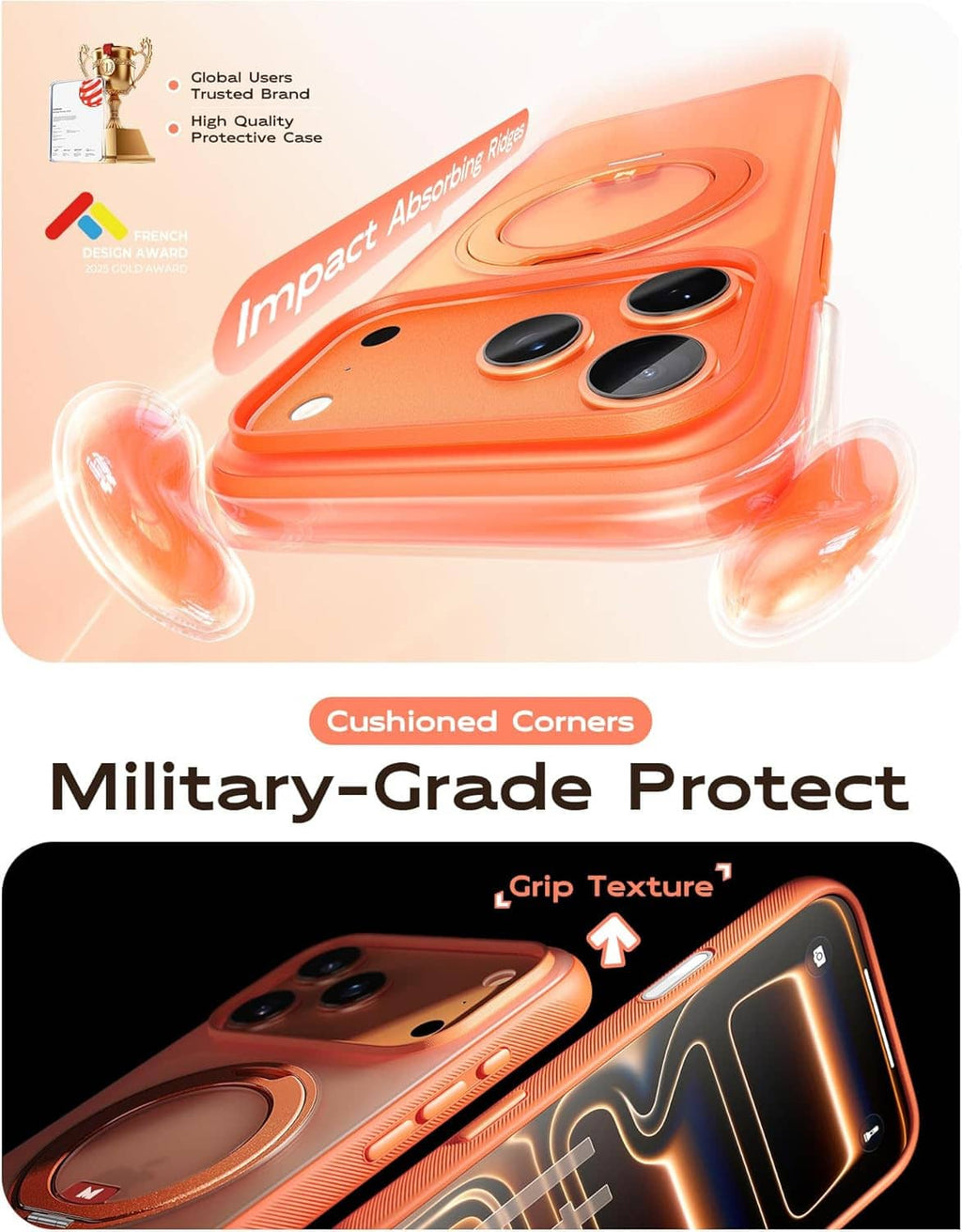 Orange iPhone 17 Pro Max case with cushioned corners, grip texture, MagSafe ring