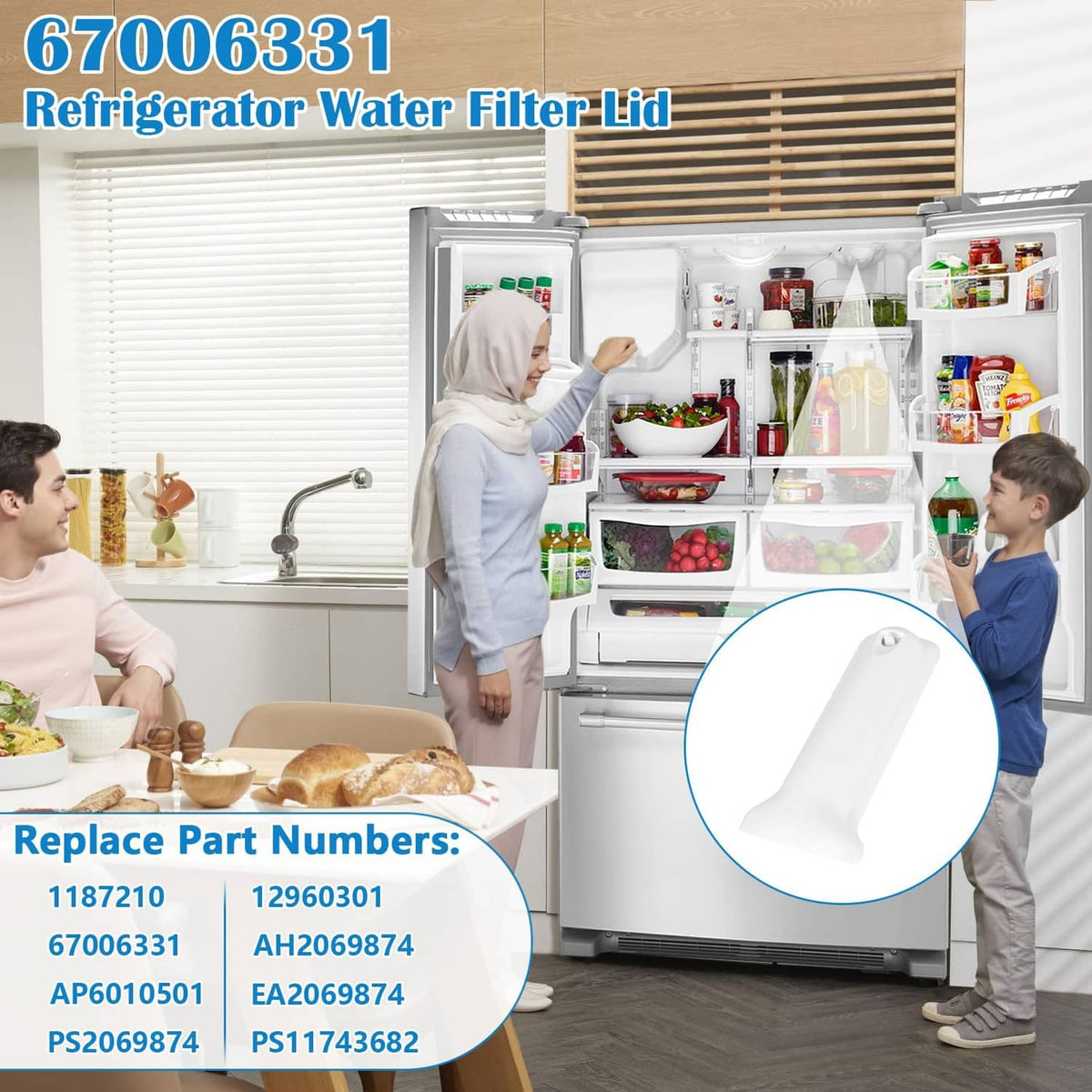 White refrigerator water filter lid shown as a replacement part