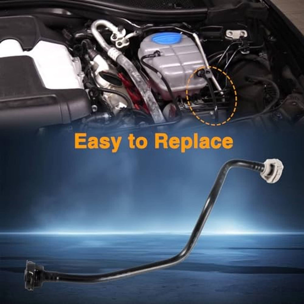 Coolant overflow vent tube installed in engine bay with connector end visible