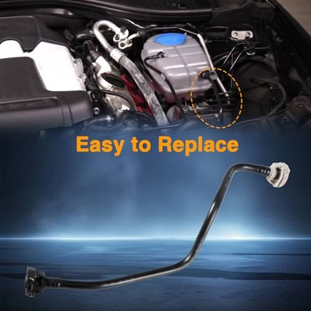 Coolant overflow vent tube installed in engine bay with connector end visible