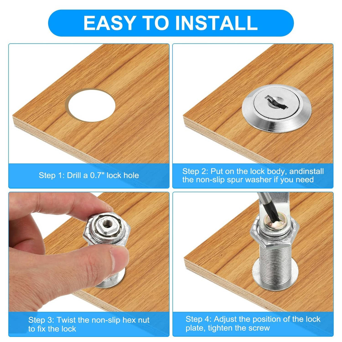 Cabinet lock installation steps on wood door: drill hole, twist hex nut, tighten