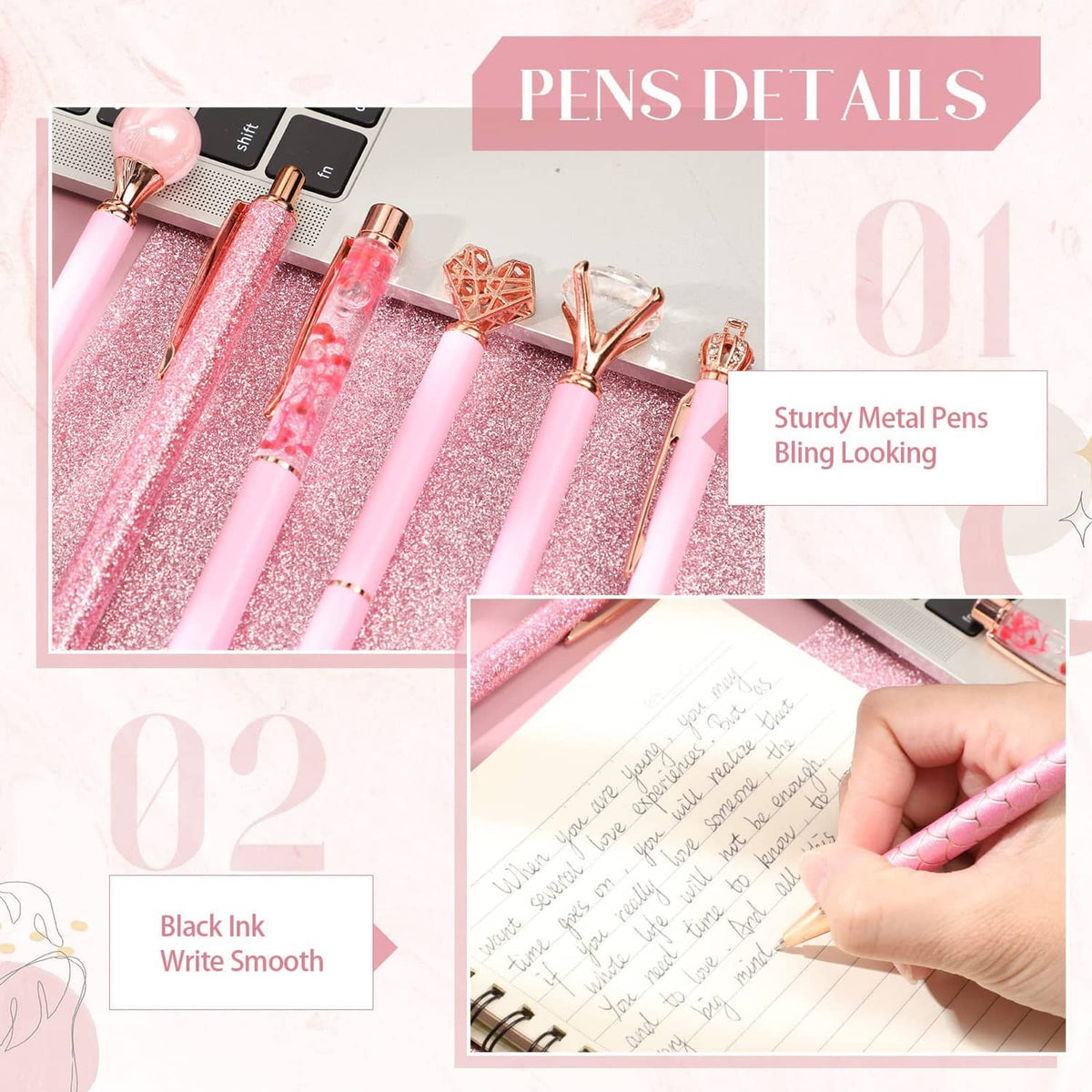 Pink ballpoint pens close-up showing glitter barrels and sturdy metal ballpoint tips