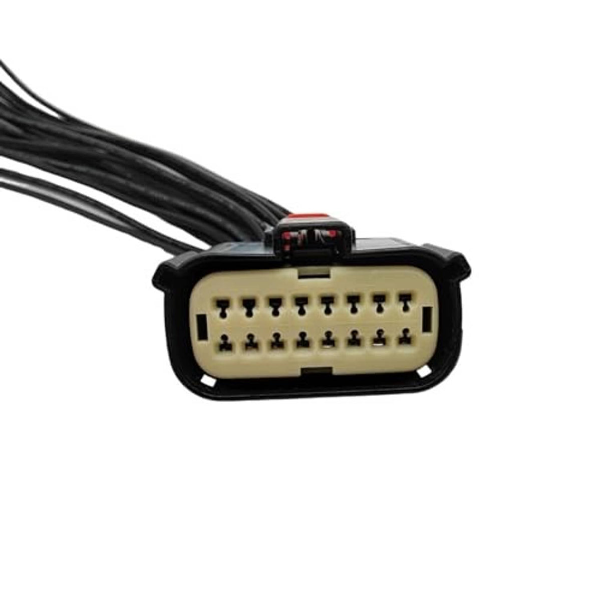 Headlight wiring connector pigtail harness, beige pin socket plug with red latch and black wires