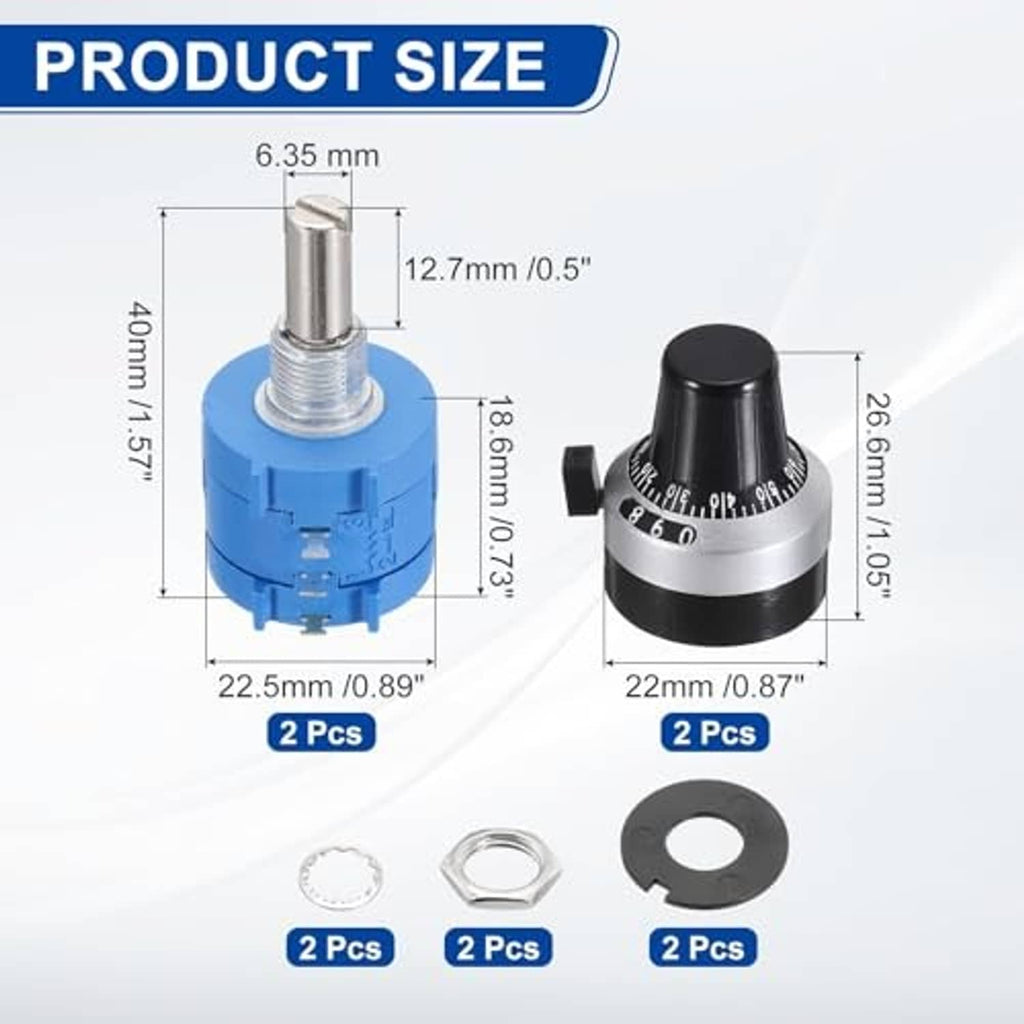 Rotary potentiometer size chart showing measurements for two pieces and included hardware