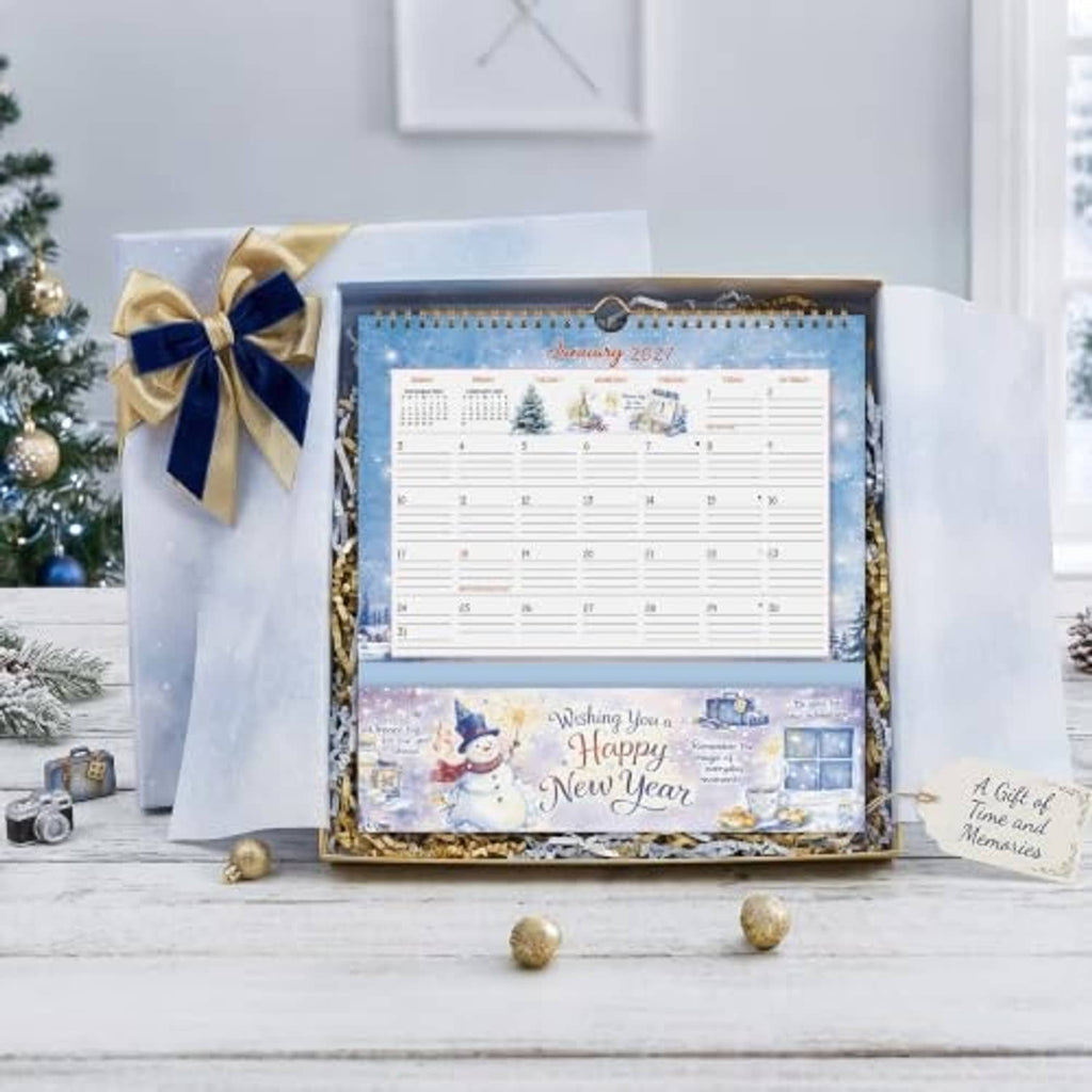 Blue 2027 wall calendar with pockets in a gift box, featuring a New Year holiday cover