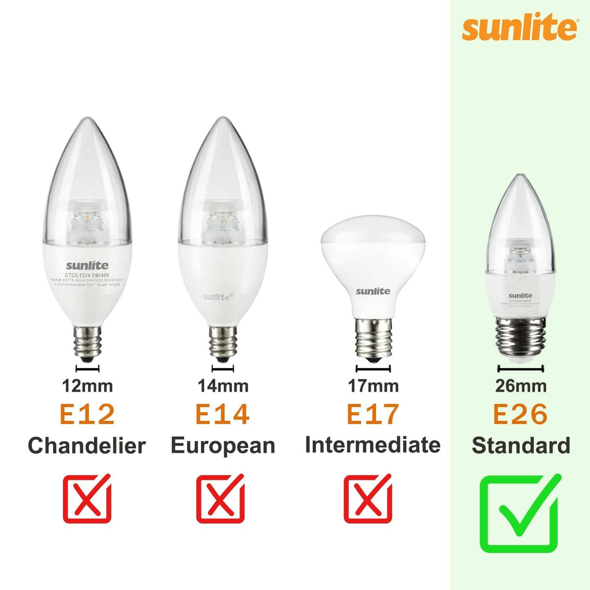 Bulb base size chart showing E26 standard base