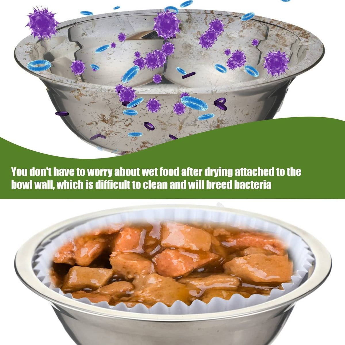 White disposable feeding bowl liner with metal bowl of wet pet food