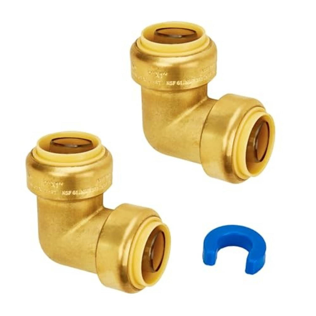 Brass 90-degree PEX push-fit elbows, two pack, angled fittings with blue clips