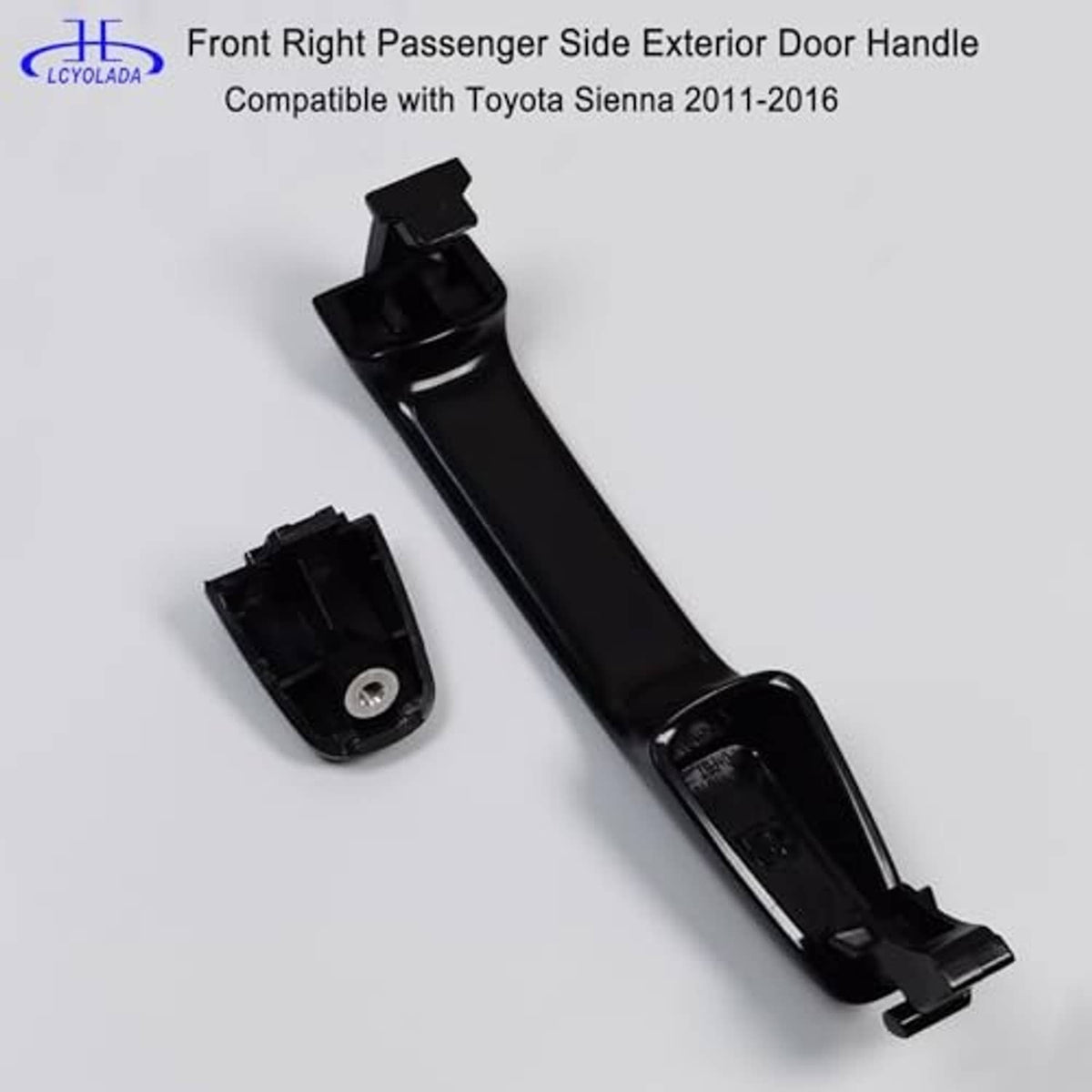 Black exterior door handle with mounting bracket and small retainer piece