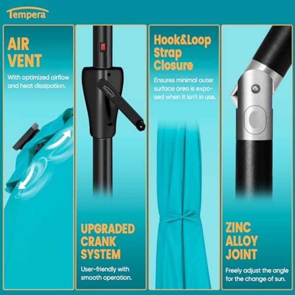 Black umbrella pole features, including adjustable crank and hook-and-loop strap closure