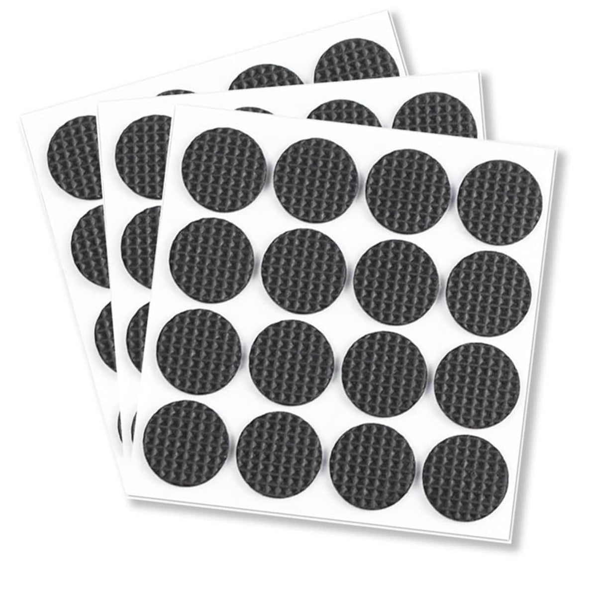 Round black felt furniture pads on backing sheets, textured non-slip surface