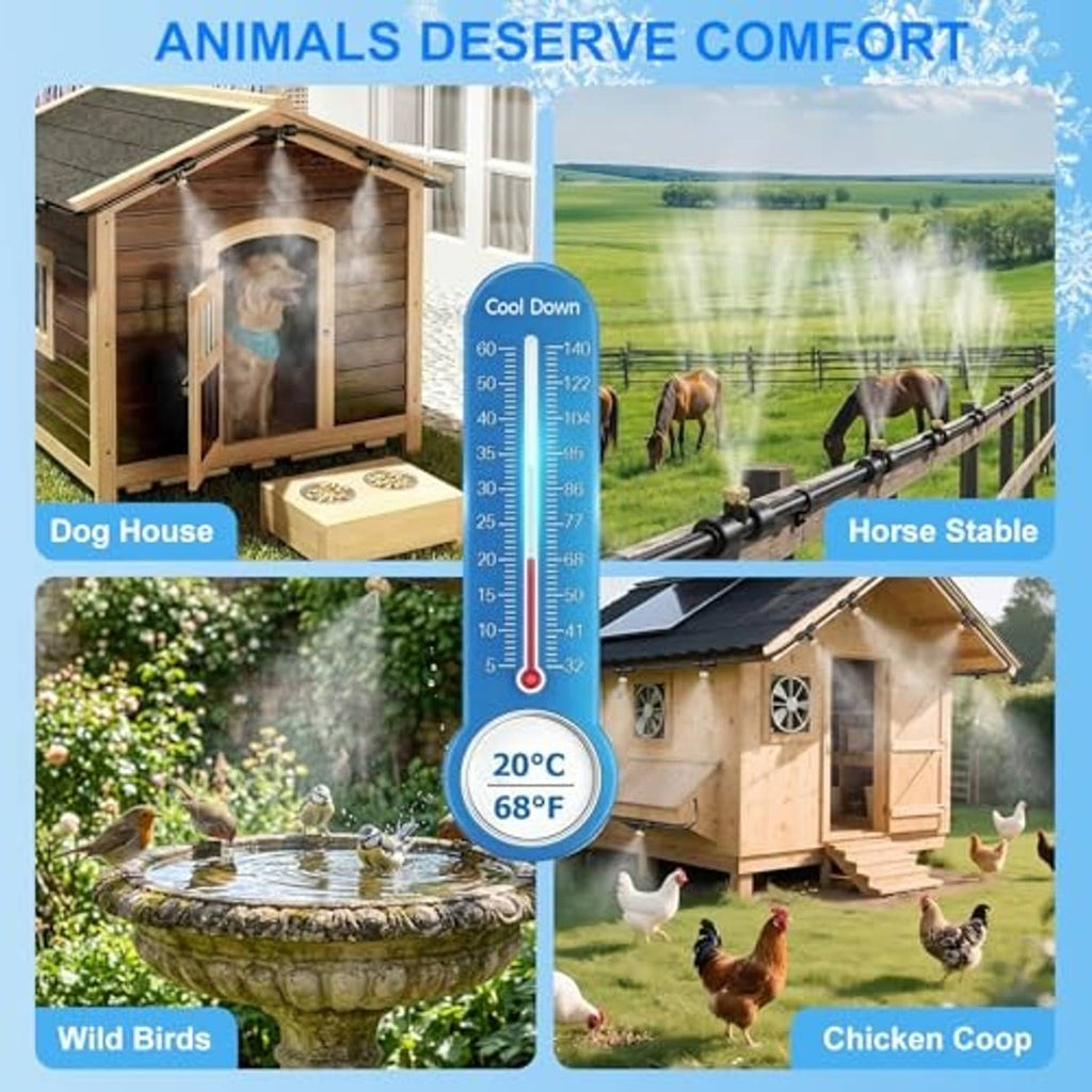 Outdoor misting hose spraying near dog house, horse stable, and chicken coop