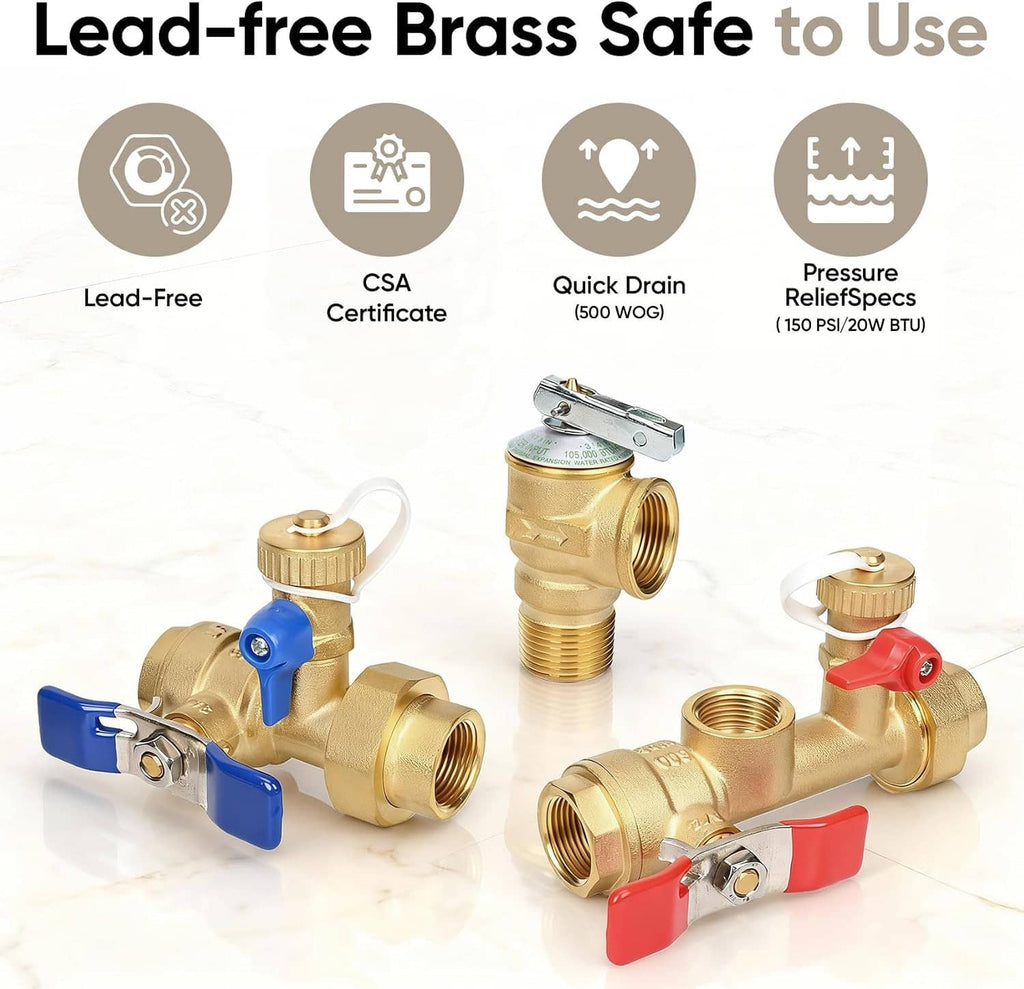 Lead-free brass isolator service valve set with red and blue lever handles and adapter parts