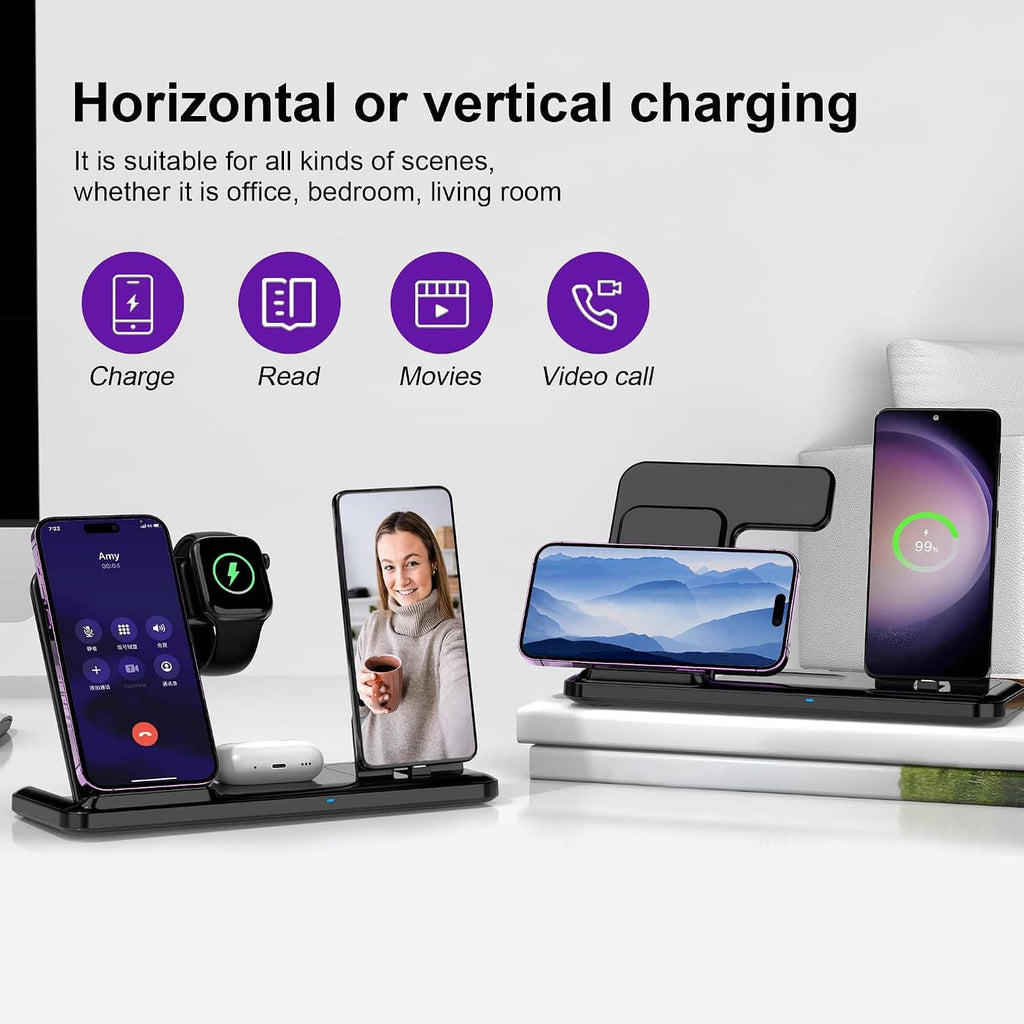 4-in-1 wireless charger station with phone and watch charging pads on base