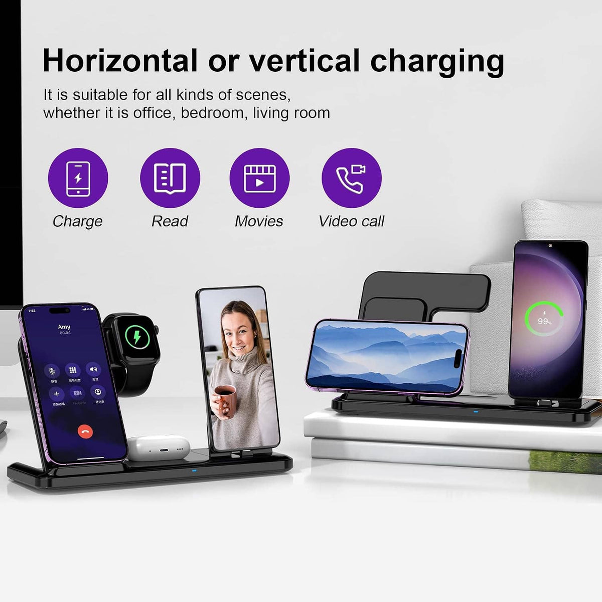 4-in-1 wireless charger station with phone and watch charging pads on base