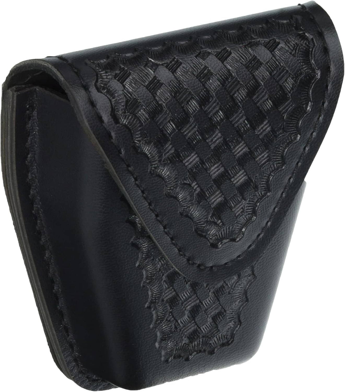 Black handcuff case with top flap and tapered bottom, basketweave texture and stitching.