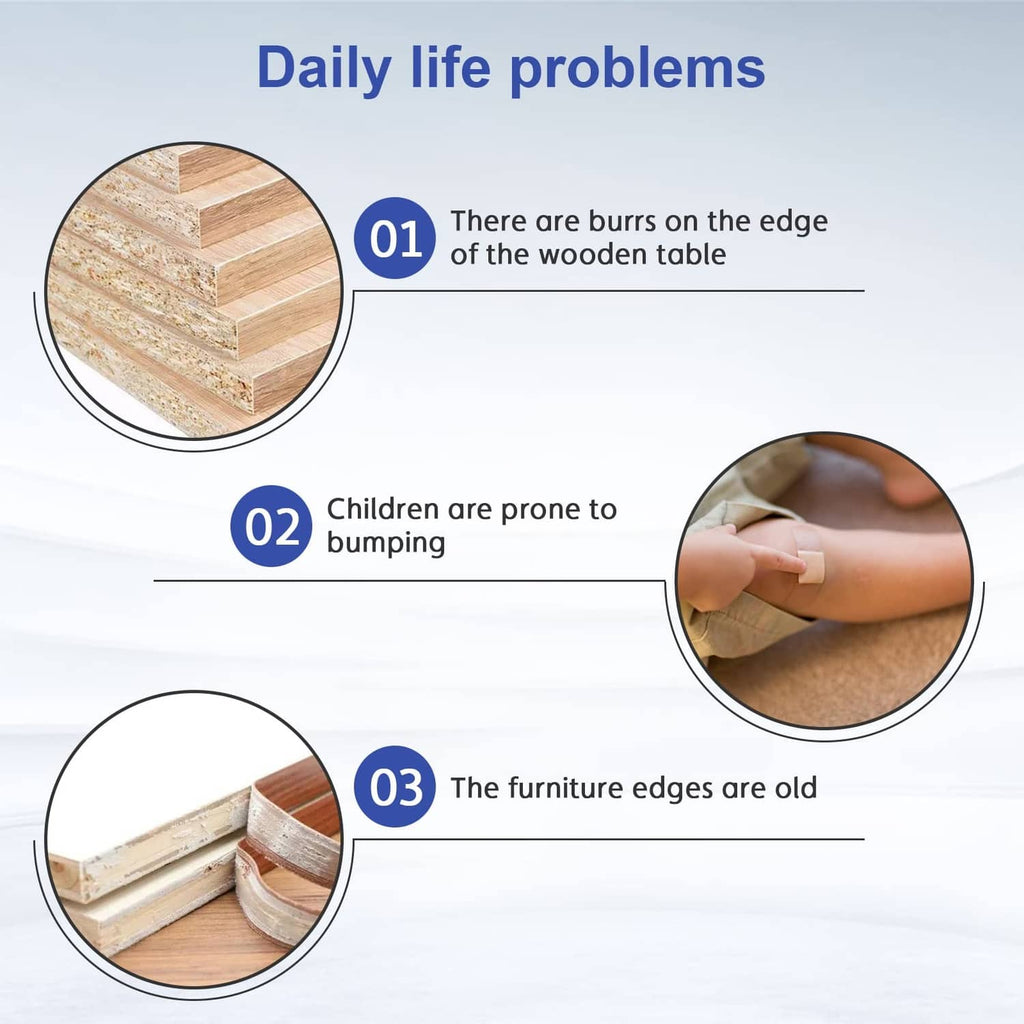 Black U-shape edge banding protecting worn and chipped furniture wood edges