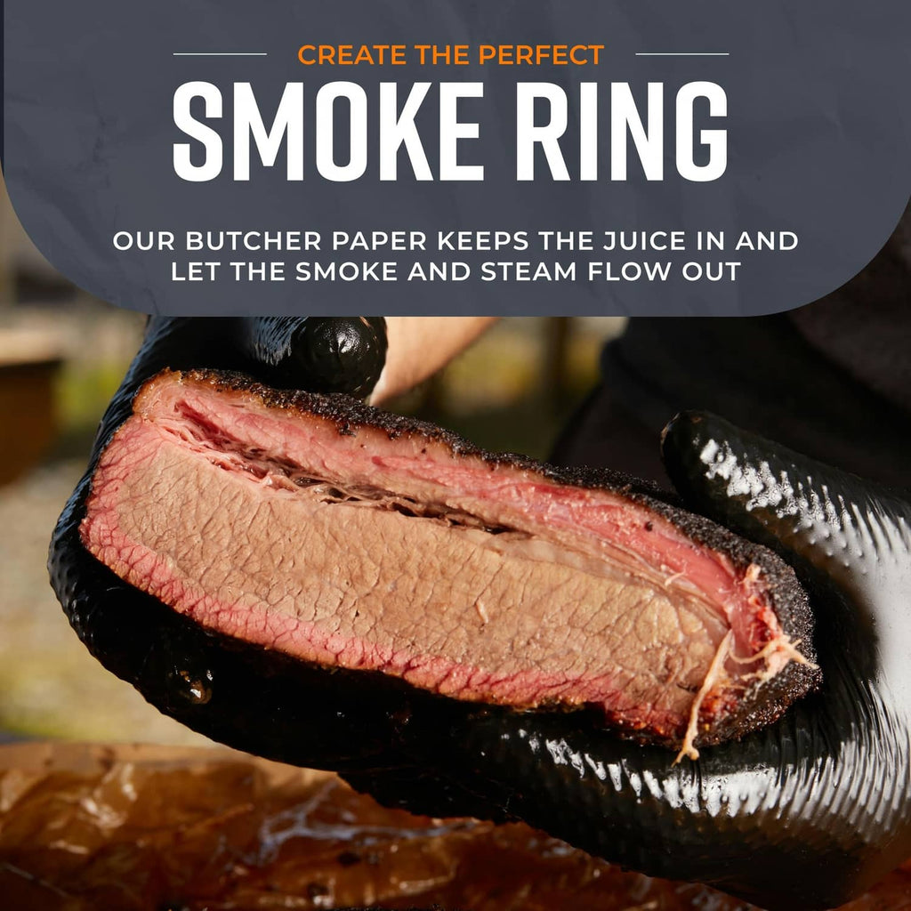 Smoked steak with a defined smoke ring, indicating butcher paper for smoking