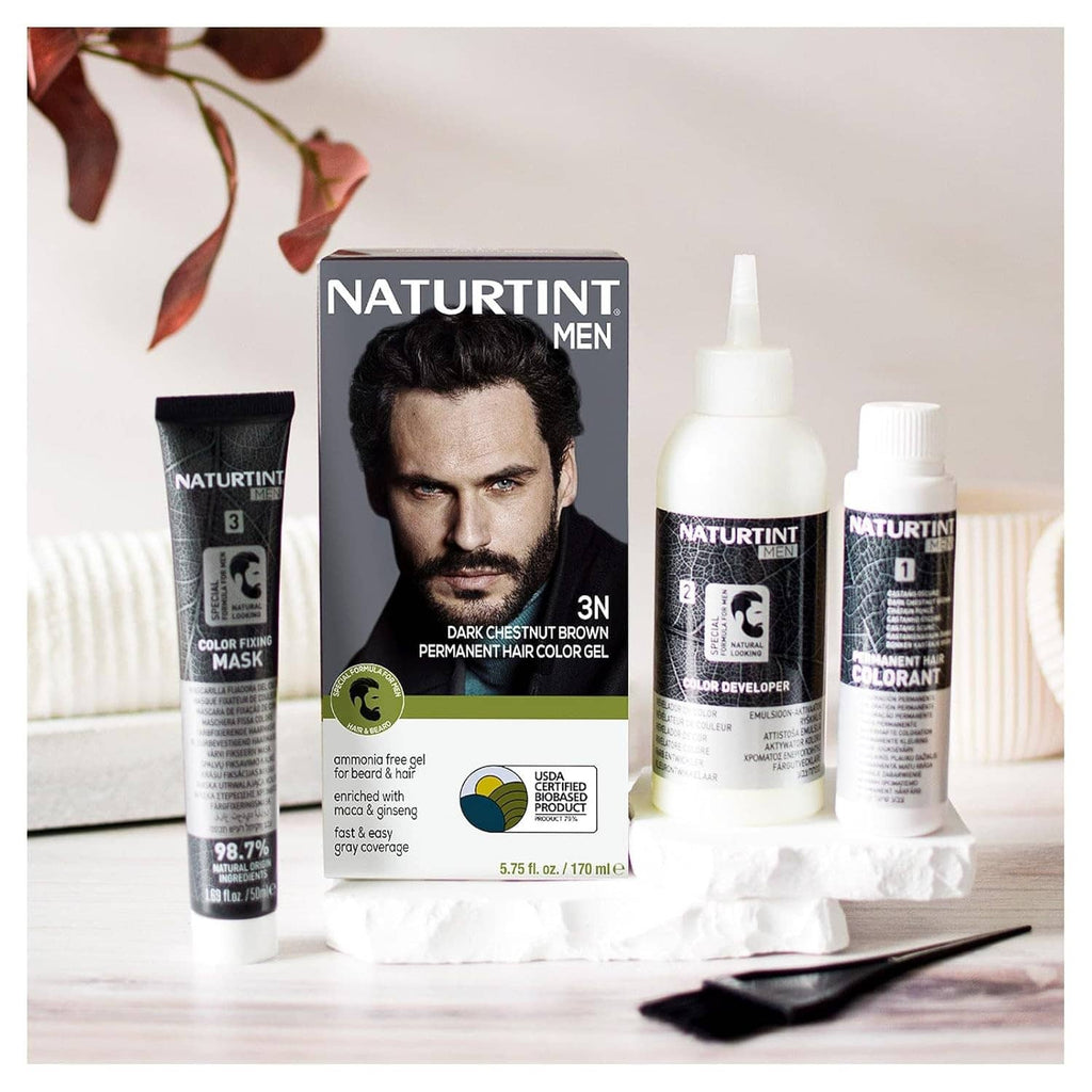 Men hair color kit with box, color mask tube, and developer bottles