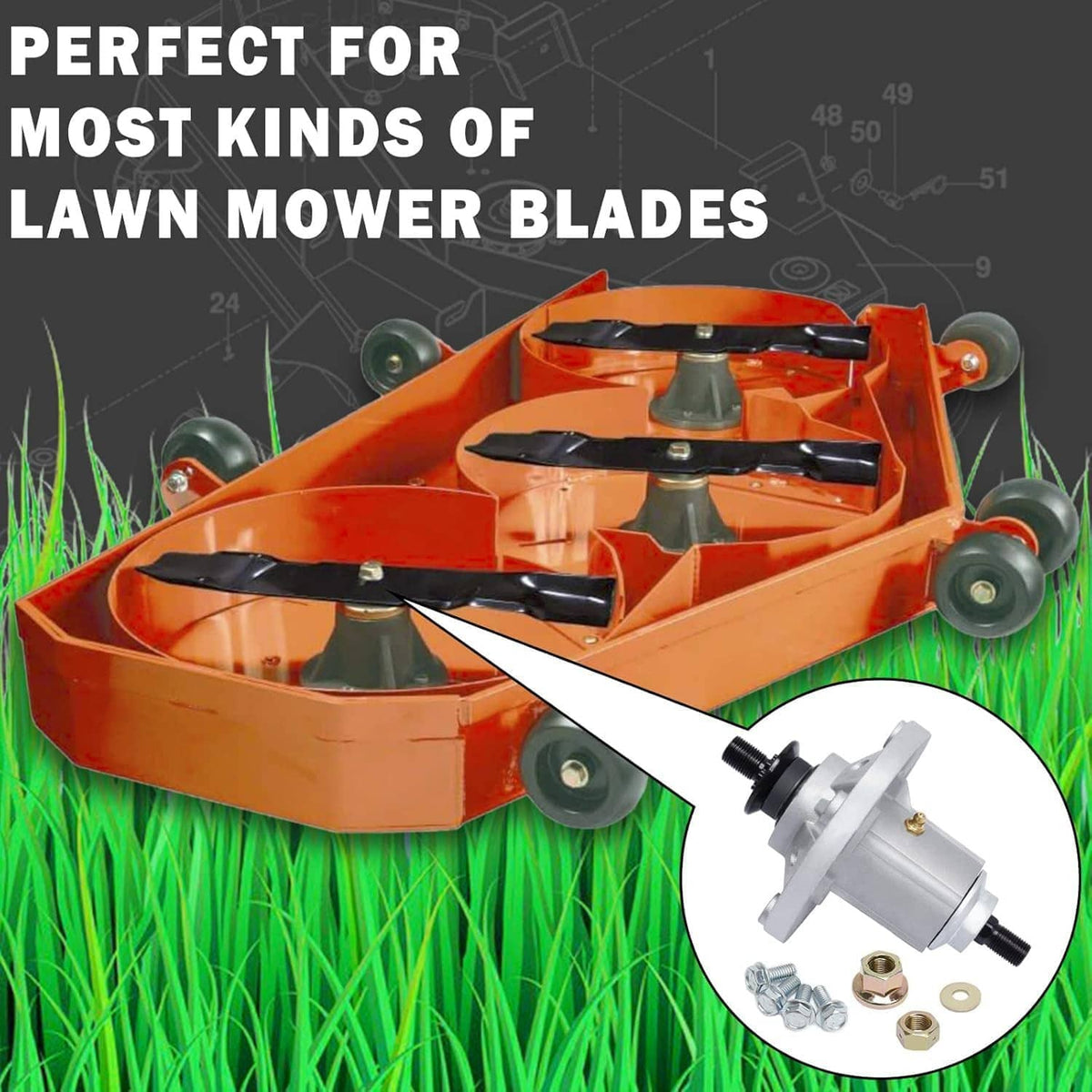 Replacement lawn mower spindle assembly with blade hub and mounting bolts on orange mower deck