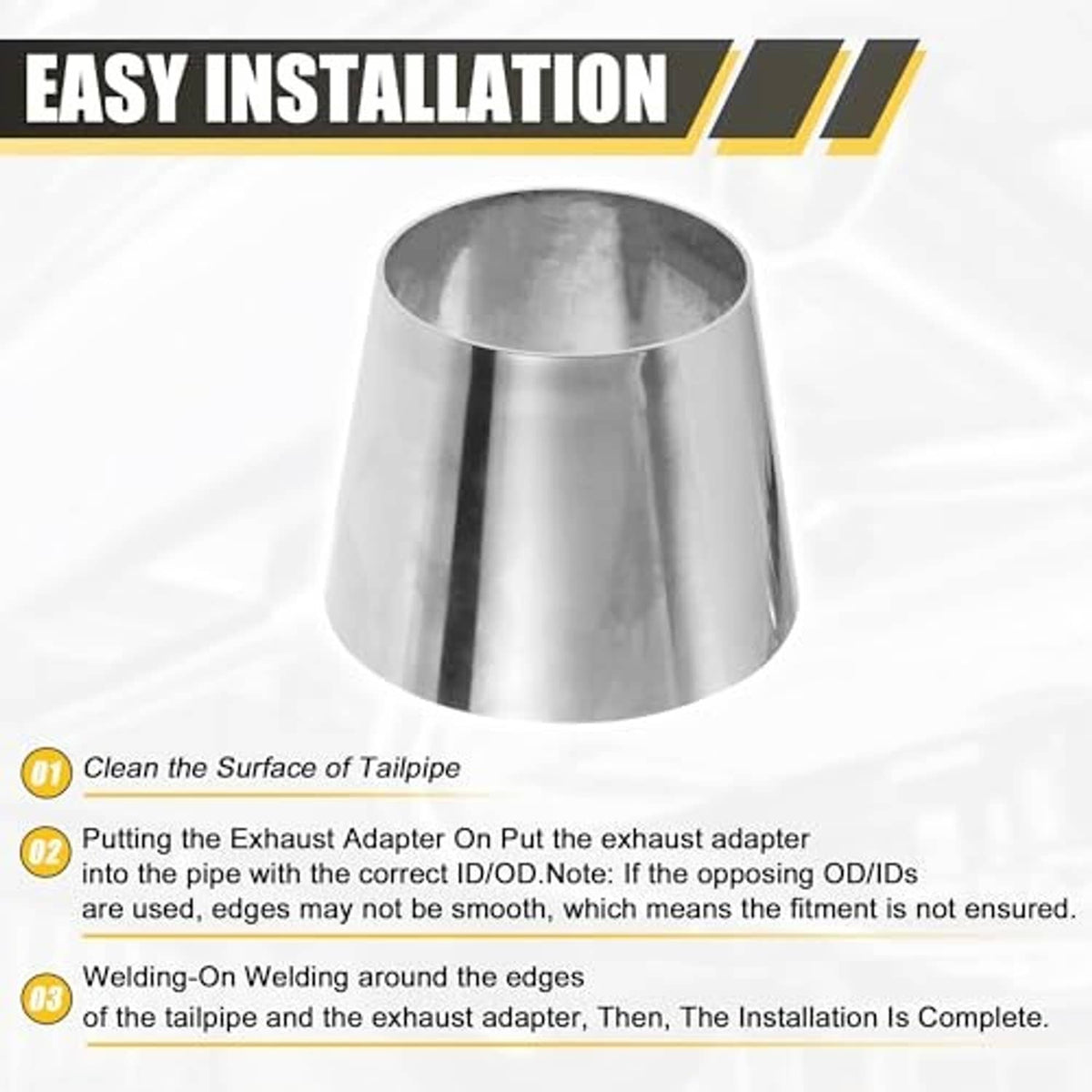 Polished stainless steel exhaust pipe adapter sleeve with wide flared opening